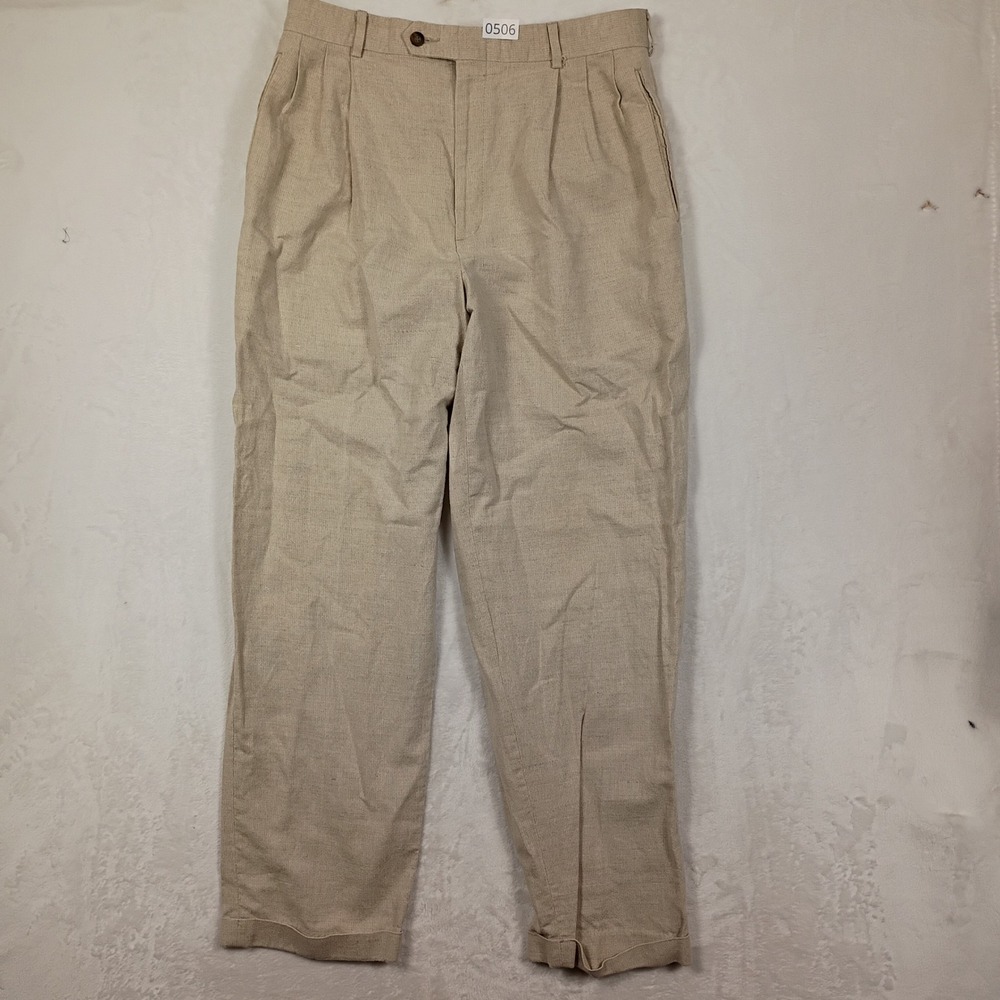 Levis Slates Vintage Pleated Pants Mens 34x32 Tan Linen Blend Cuffed Dress Khaki